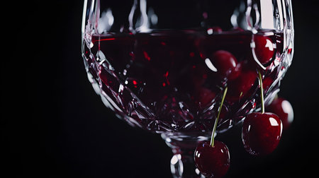 Glass of red wine and cherries on black background, close upの素材