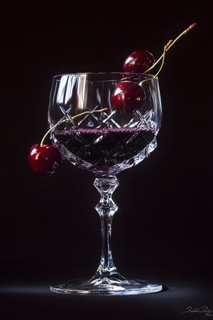 Glass of red wine with cherries on a black background, verticalの素材