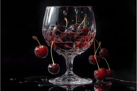 Red cherries in a glass of wine on a black background.の素材
