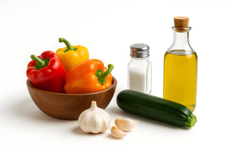 Vegetables and oil isolated on white background. Healthy food.の素材