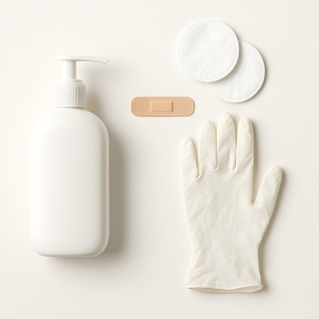 Flat lay composition with antiseptic, latex gloves and soap on white backgroundの素材