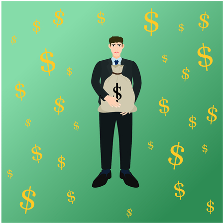 Business man hold money bag on dollar sign backgroundのイラスト素材