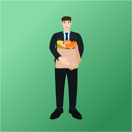Business man holding tasty fast food menu in shopping bagのイラスト素材