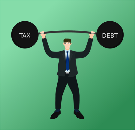 Businessman lifting heavy barbell tax and debt with difficultyのイラスト素材