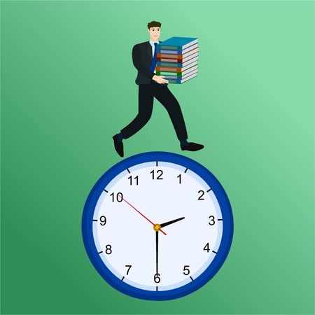 Busy businessman holding document and running on clock, vector cartoonのイラスト素材