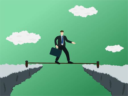 Businessman trying walk on rope to through gap of cliff  vector cartoonのイラスト素材