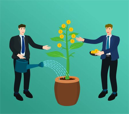 Two businessman watering growth money tree and collect coin success conceptのイラスト素材