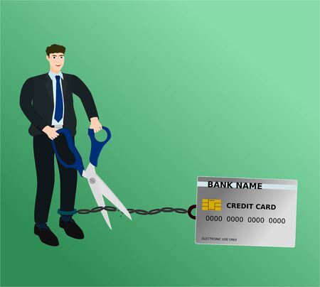 Businessman cutting burden credit card chain with scissors , vector cartoonのイラスト素材