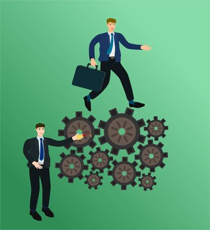 Two businessman management and running on gear of machine , teamwork conceptのイラスト素材