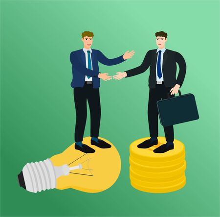 Two businessman standing on idea and money to handshake for contract , success conceptのイラスト素材