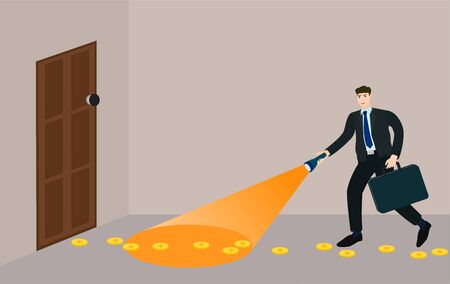 Businessman holding flashlight to shine for search money on the floor , success conceptのイラスト素材