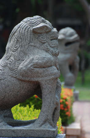 Chinese stone lion statue guarding the Buddhist temple の写真素材