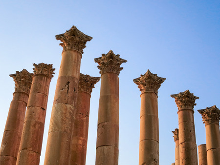 The beautiful carved pillars of a temple in Jerash Jordan.
