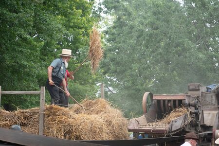 Kinzers, Pennsylvania - August 15, 2019: People demonstrating early life in America at the Rough and...