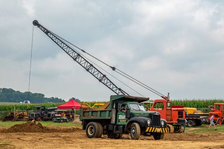 Kinzers, Pennsylvania - August 14, 2019: Digging machine and excavators at the Rough and Tumble...