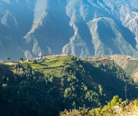 A Terraced Hilltop in the Mountains of Nepal.