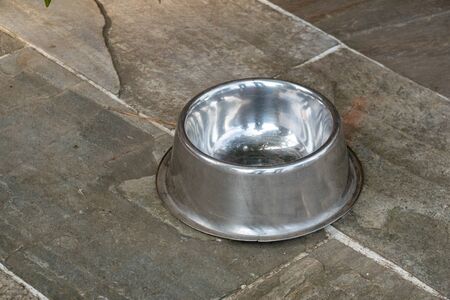 A pet dish sitting on the flag stones on the ground.の写真素材