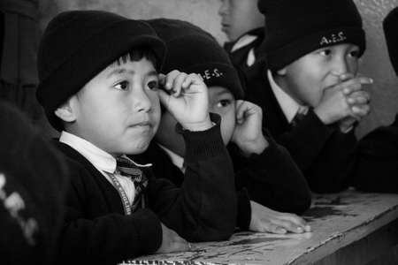 Kathmandu, Nepal - February 4, 2020: School students sitting in a classroom  listening to the teacher in Kathmandu, Nepal.のeditorial素材