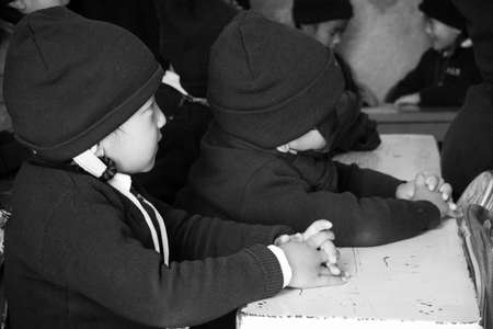 Kathmandu, Nepal - February 4, 2020: School students sitting in a classroom  listening to the teacher in Kathmandu, Nepal.のeditorial素材
