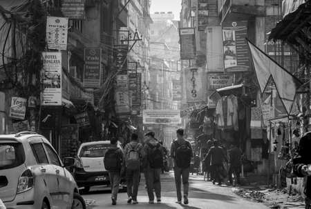 Kathmandu, Nepal - December 31, 2019: Four Nepali male school students walking on the street in Kathmandu, Nepal.のeditorial素材
