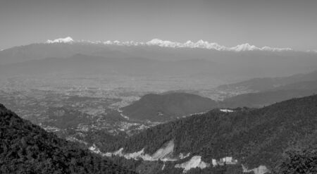 A background of the snow covered Himalaya Mountain Range in Nepal.の写真素材