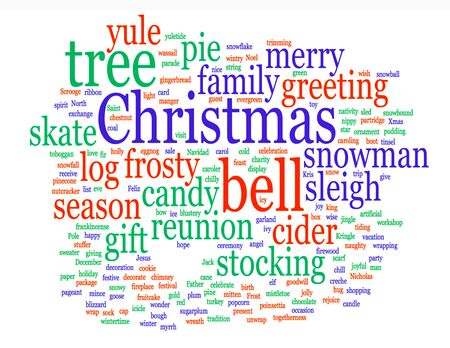 An illustrative word cloud poster of words referring to the season of Christmas and winter holidays.