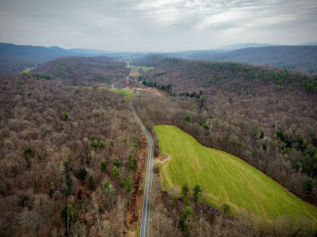 An aerial view of the countryside in the winter season.