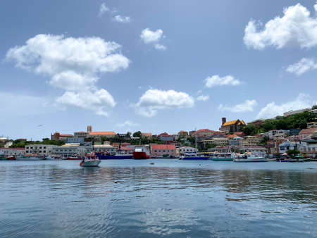 St Georges, Grenada - June 17, 2021: Boats in the bay at St Georges, Grenada.