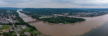 An aerial view of the towns of Northumberland and Sunbury along the Susquehanna River in...