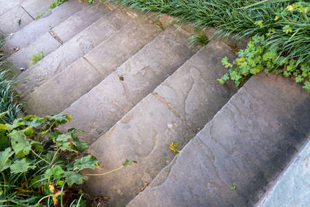 Light on some stone steps in a graden from above view.