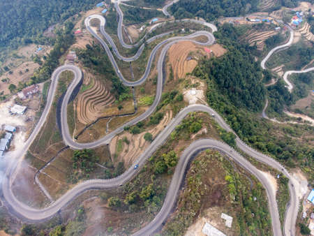 AN aerial view of the BP Highway also known as the Bardibas highway in the mountains of Nepal.の写真素材