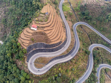 AN aerial view of the BP Highway also known as the Bardibas highway in the mountains of Nepal.の写真素材