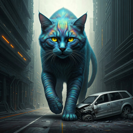 Fantasy 3D illustration of a cat with a car in the backgroundの素材