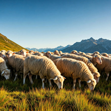 Sheep herd in the mountains at sunset. Beautiful nature background.の素材