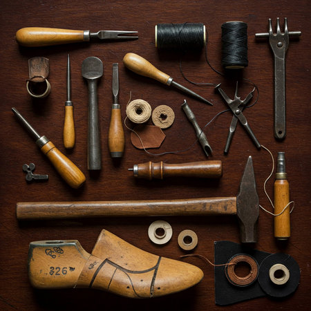Leather craft tools on a wooden background. Top view with copy space.の素材