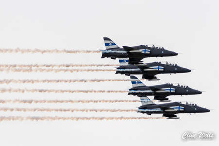 Flypast by the Midnight Hawks from the Finnish Air Force. They fly the Bae Hawk Mk.51 trainer, seen...
