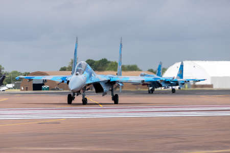 Twin seat Sokhoi Su27 closely followed by the single seat version as they get ready to leave RAF...