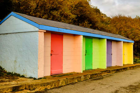 Colourful beach huts seen at Folkstone in Kent, UK. Taken 7th Dec 2019.のeditorial素材