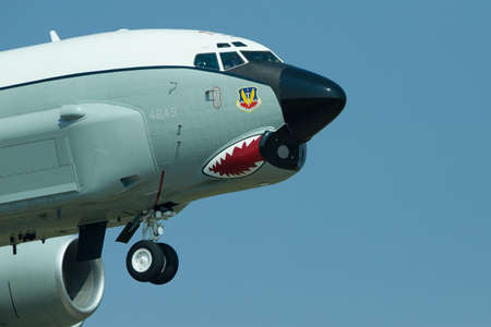 Seen on finals the painted nose of this Boeing RC-135V/W Rivet Joint is about to land at RAF...
