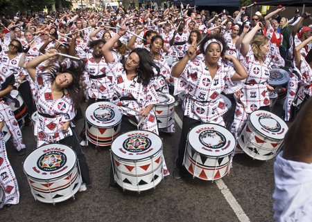 Drummers from Batala Banda de Percussao performing at the Notting Hill Carnival street parade on...