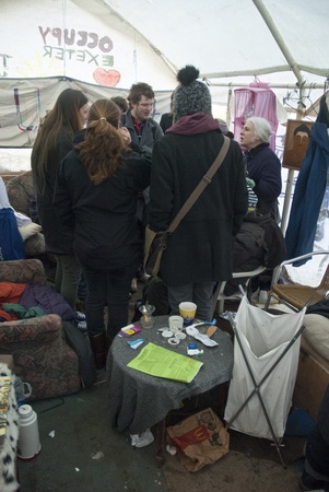 Occupy Exeter activists prepare for their direct action against the Exeter branches of Topshop, HSBC and Vodaphone.のeditorial素材