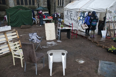 The Occupy Exeter camp in the process of being cleared of Exeter Cathedral Green.のeditorial素材