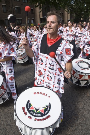Drummers from Batala Banda de Percussao performing at the Notting Hill Carnival street parade on August 30, 2010 in Notting Hill, Londonのeditorial素材