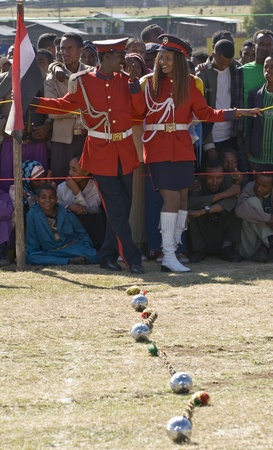 Members of the Ceremonial Marching band Relax before the start 20th World Aids Day Event in Fitche, Ethiopiaのeditorial素材