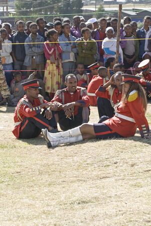 Members of the Ceremonial Marching band Relax before the start 20th World Aids Day Event in Fitche, Ethiopiaのeditorial素材