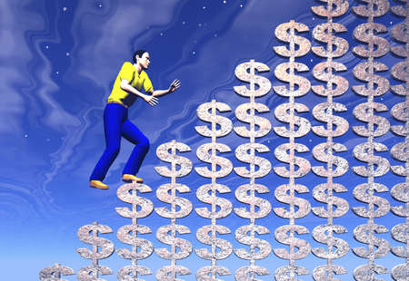 Climbing a mountain of golden dollars to reach successの写真素材