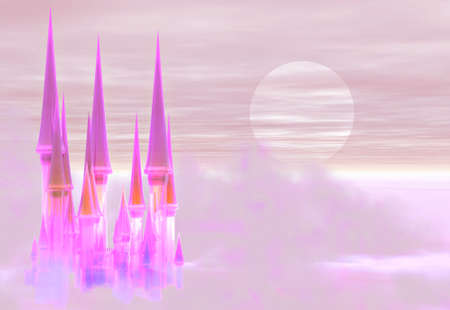 A fantastic fairy castle floating in the clouds at sunsetの写真素材