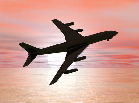 A jet flying into the sunset