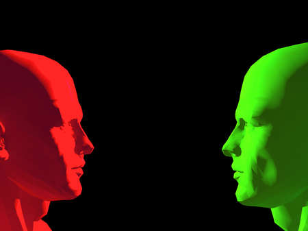 Carved robot heads in red and green facing each other, with copy space.の写真素材