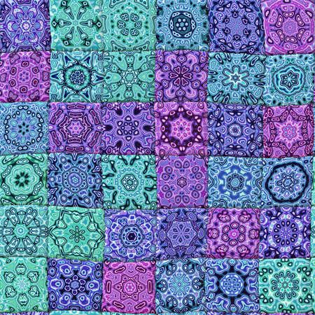 An illustration of a hand crafted quilt made from patterned squares, seamlessly tilingの写真素材